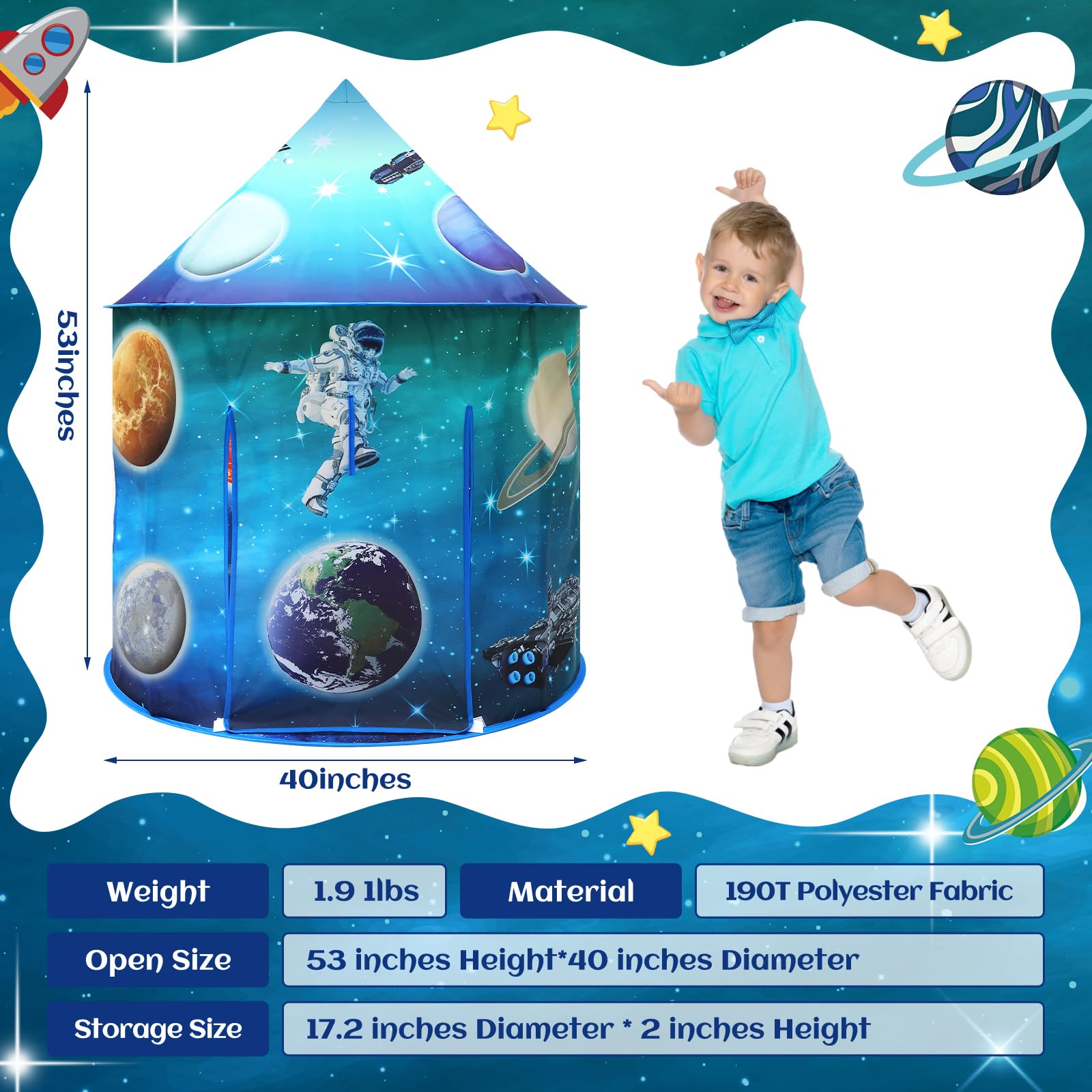 KAIVEE Space World Tent easy wipe-clean surface keeps play space tidy.