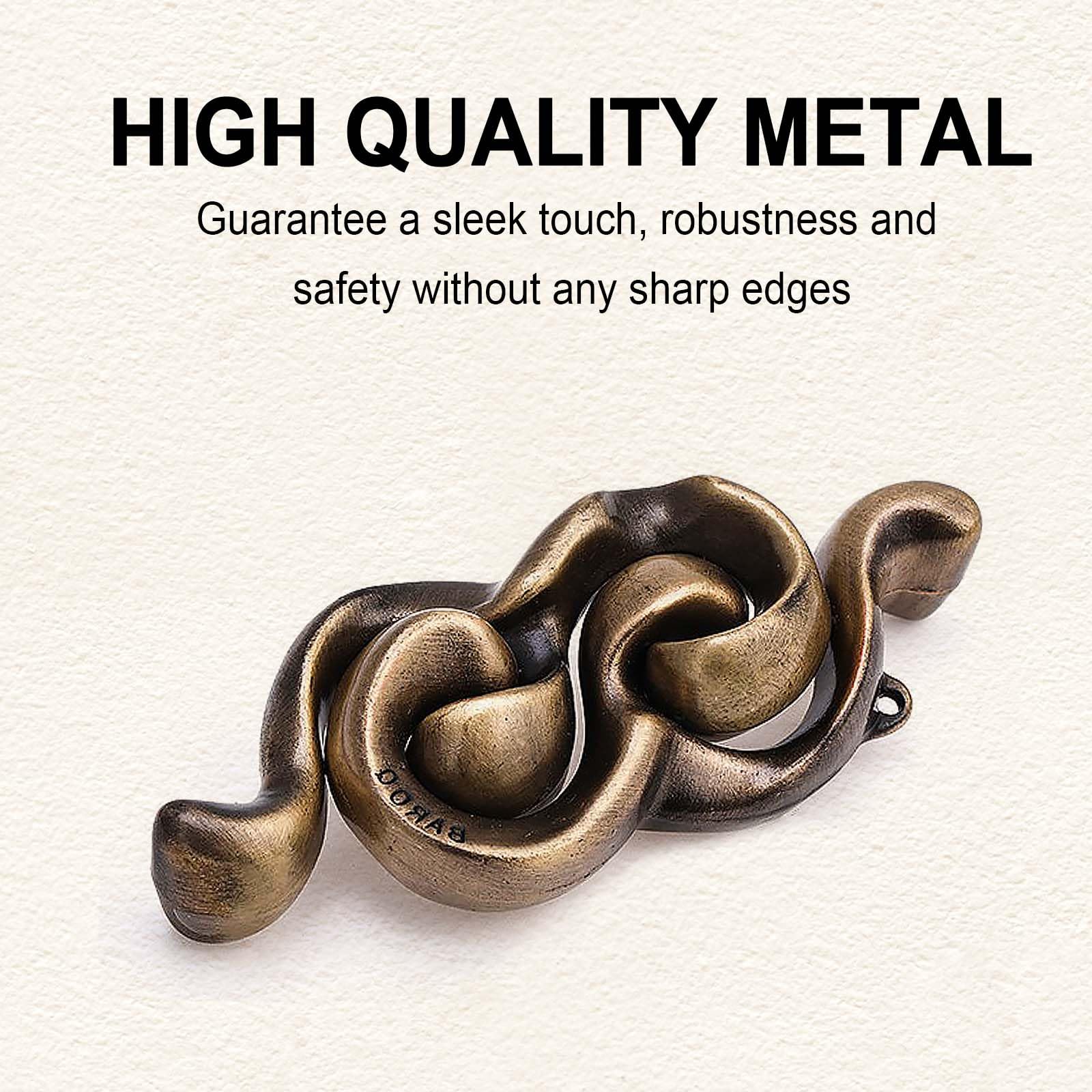 KaKeDuJa 6-piece metal brain teaser set assembled; sleek craftsmanship ideal for focus.