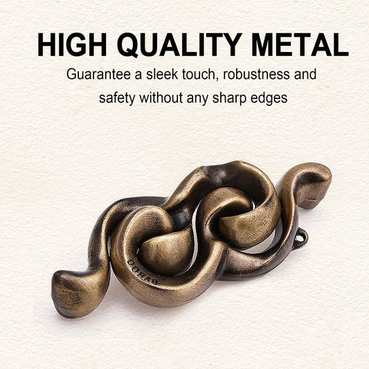 KaKeDuJa 6-piece metal brain teaser set assembled; sleek craftsmanship ideal for focus.