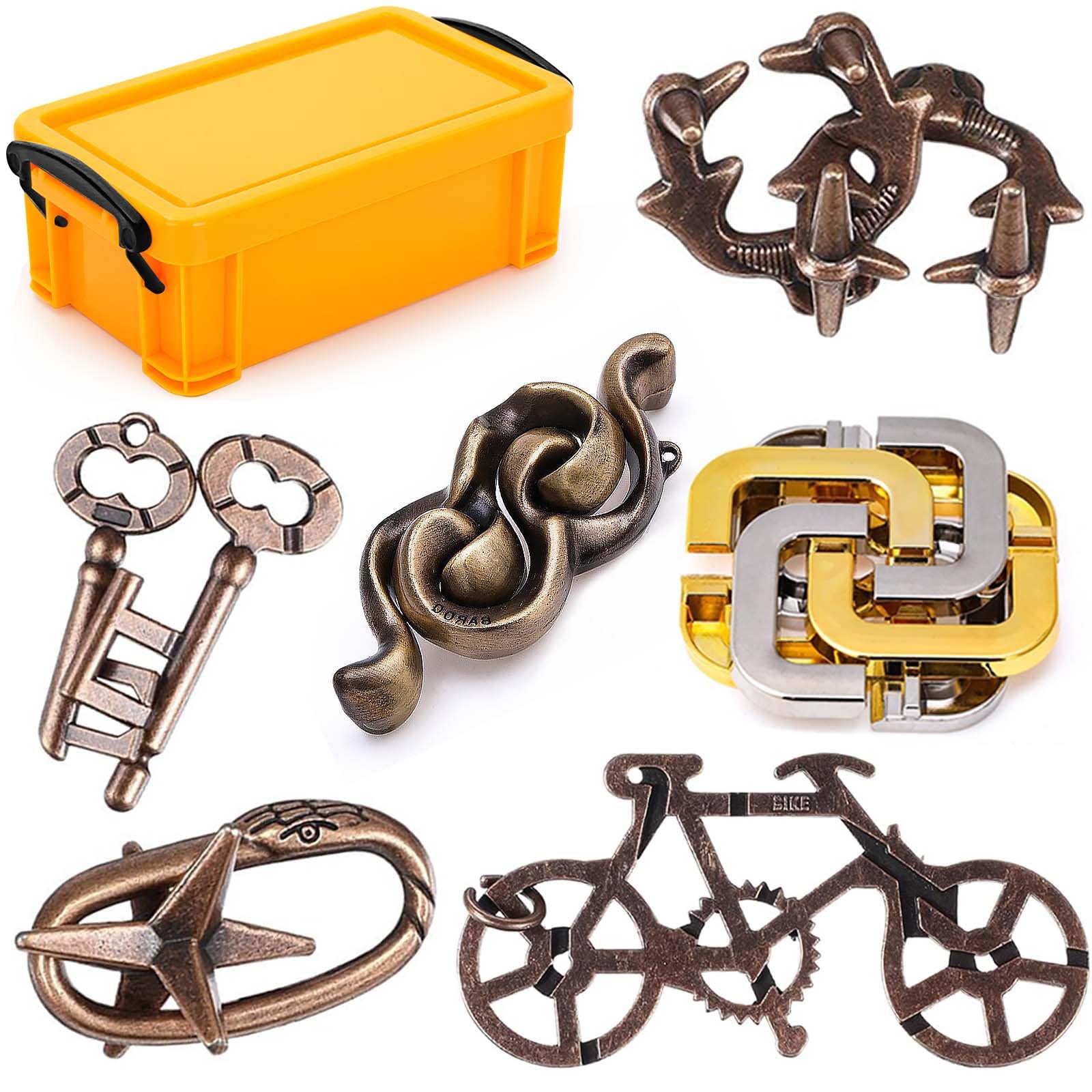 KaKeDuJa 6-piece metal brain teaser set front view; sturdy puzzle for focus and play.
