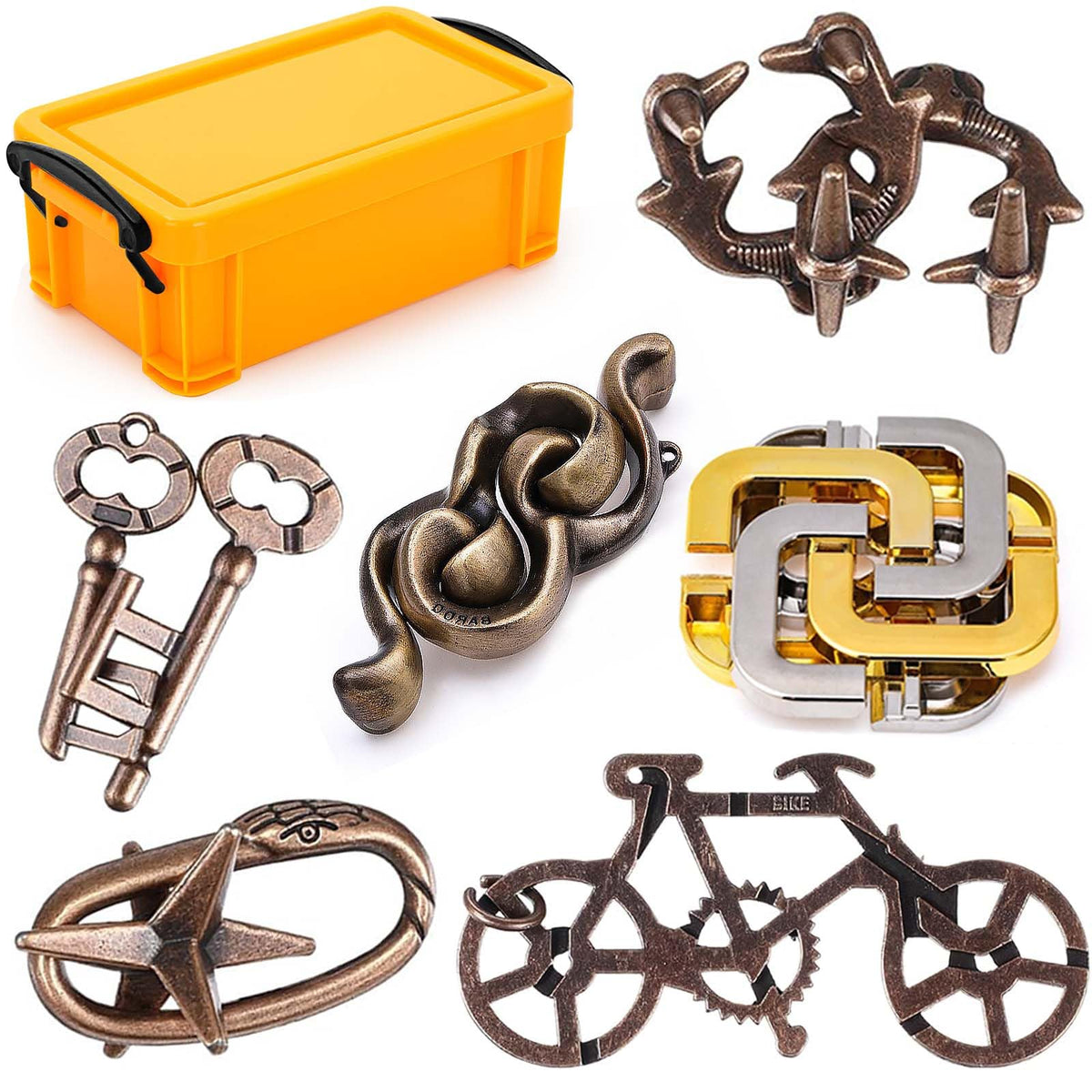 KaKeDuJa 6-piece metal brain teaser set front view; sturdy puzzle for focus and play.