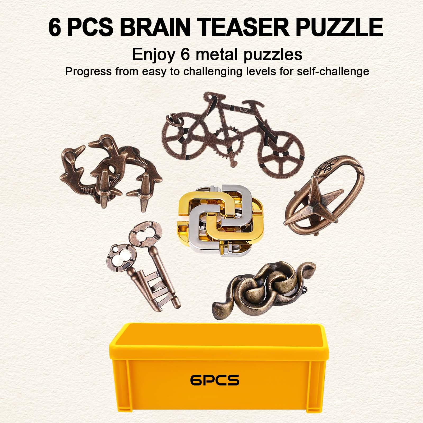KaKeDuJa 6-piece metal brain teaser set gift-ready; perfect for holidays and birthdays.