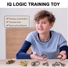 KaKeDuJa 6-piece metal brain teaser set on desk; encourages problem-solving during breaks.