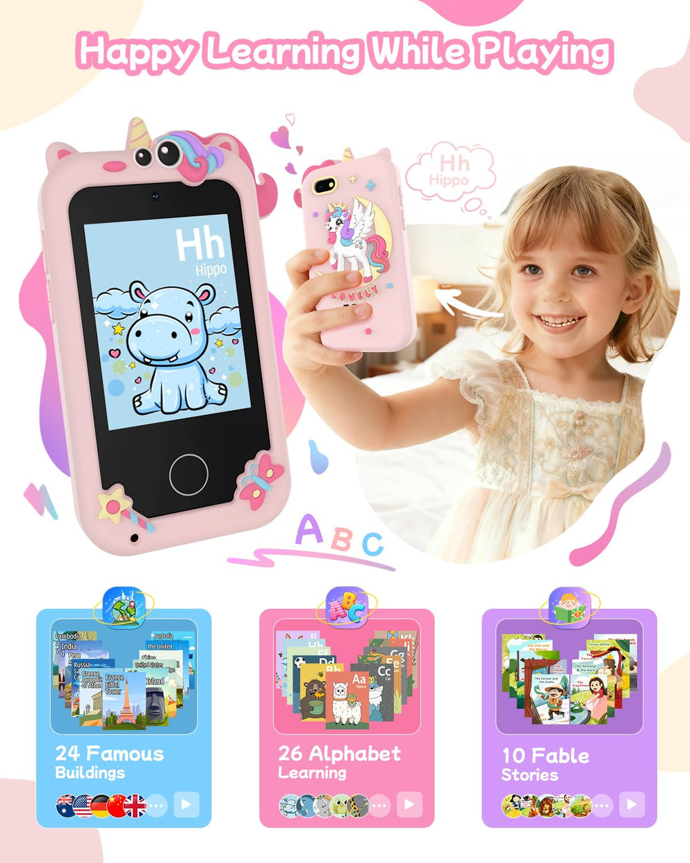 KAKTIN Kids Smart Phone Toy dual camera enables creative selfies and video.