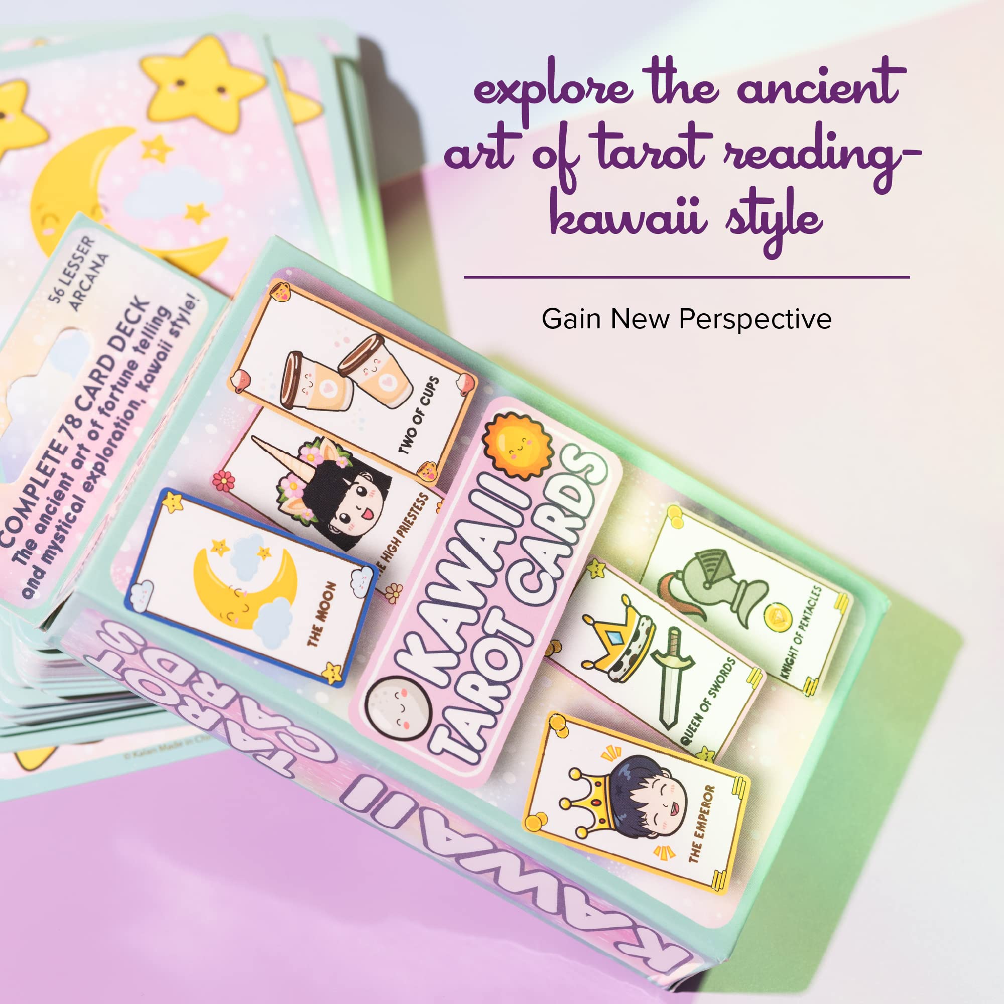 Kalan Cute Kawaii Tarot Cards close-up artwork showing playful anime designs for readings.