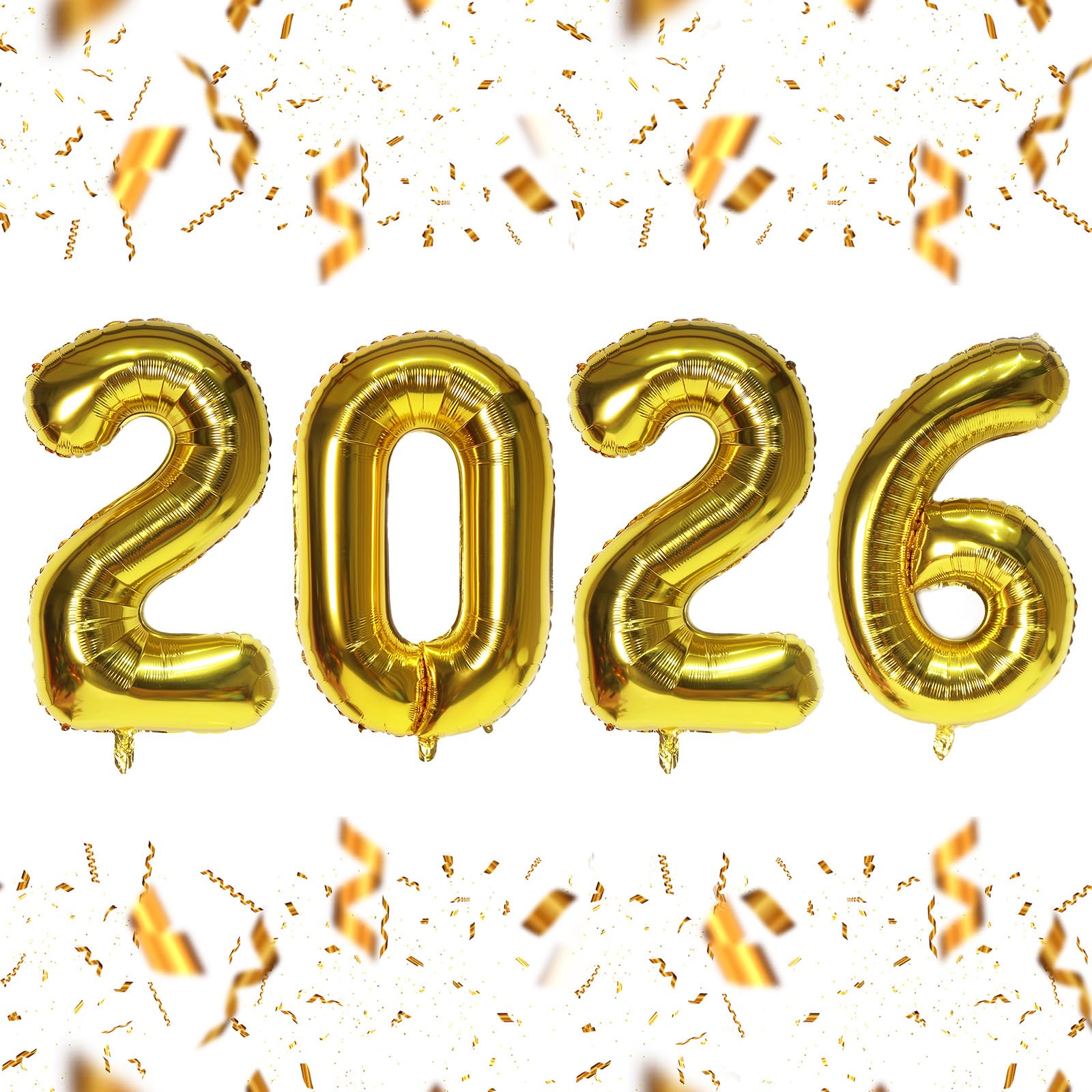 KALOR 16-inch gold foil 2026 balloons forming a bright New Year backdrop