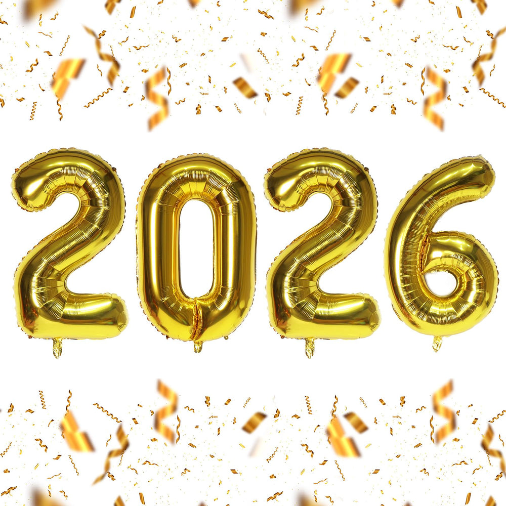 KALOR 16-inch gold foil 2026 balloons forming a bright New Year backdrop