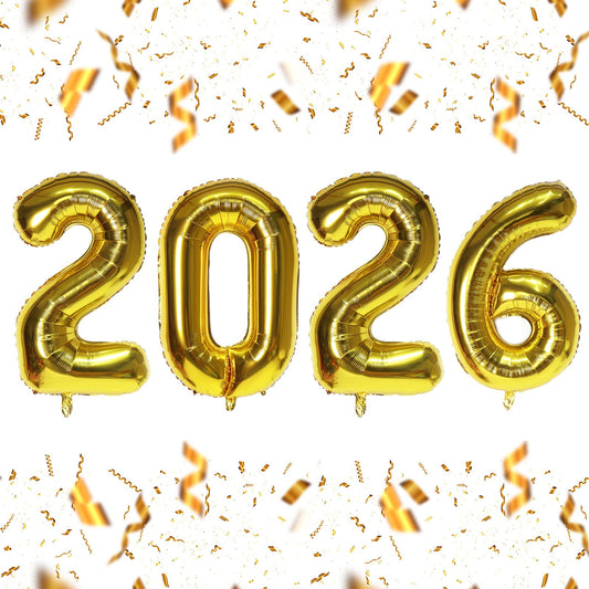 KALOR 16-inch gold foil 2026 balloons forming a bright New Year backdrop