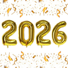 KALOR 16-inch gold foil 2026 balloons forming a bright New Year backdrop