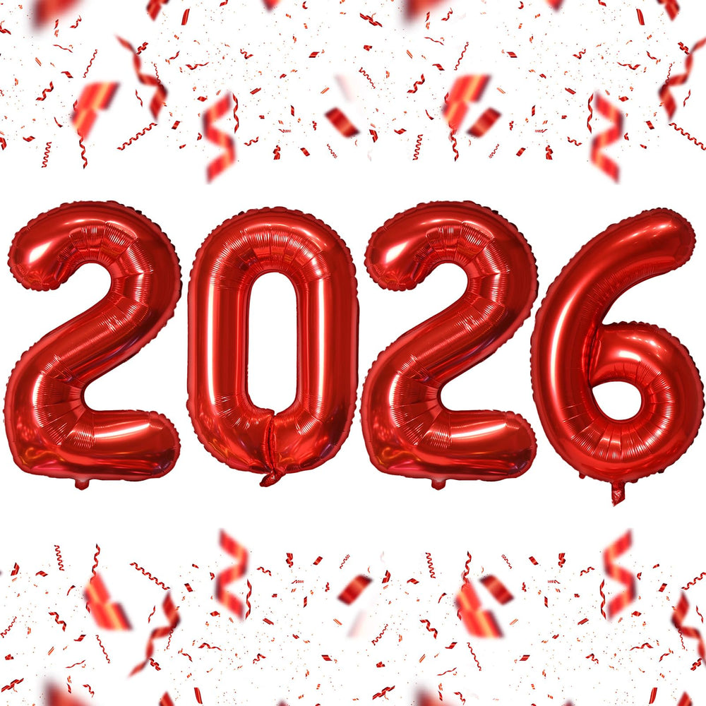 KALOR 16-inch red foil 2026 number balloons create a bold New Year backdrop