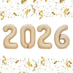 KALOR 2026 caramel foil balloons, 32-inch numbers, ideal for a striking NYE backdrop.