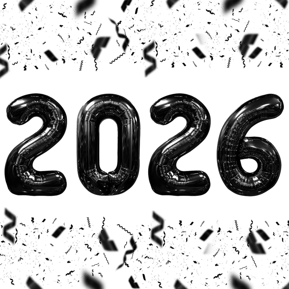 KALOR 2026 black 32-inch foil balloon creates a bold NYE photo backdrop