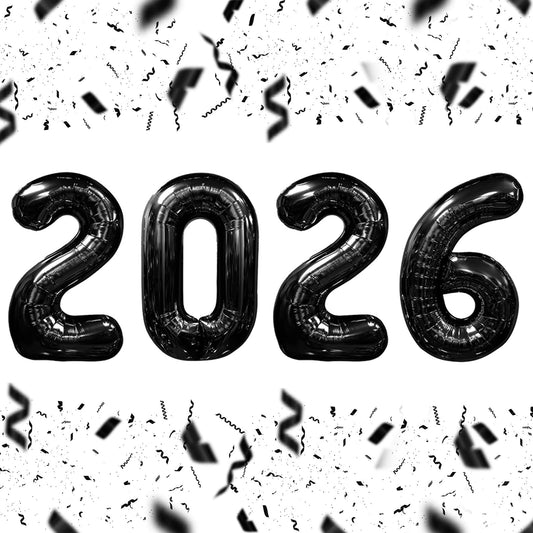 KALOR 2026 black 32-inch foil balloon creates a bold NYE photo backdrop