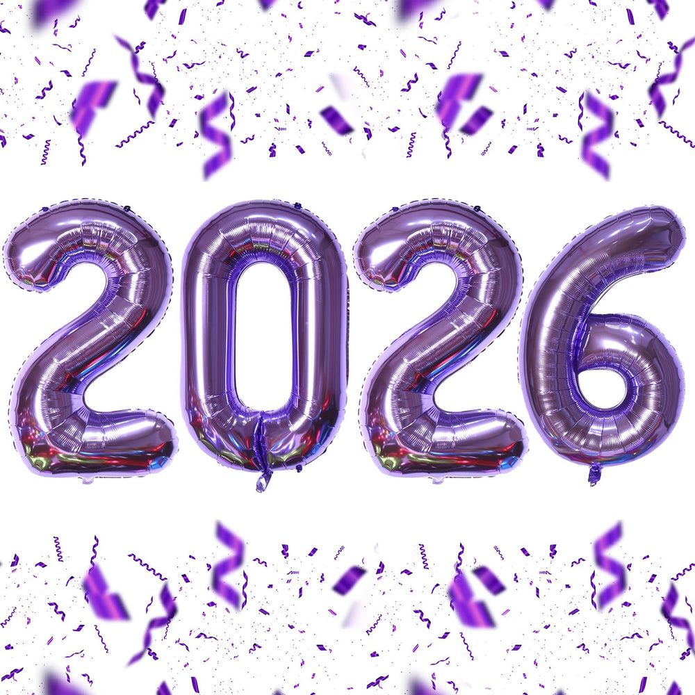 KALOR 2026 purple foil-number balloons in 16-inch size for a bold NYE backdrop.