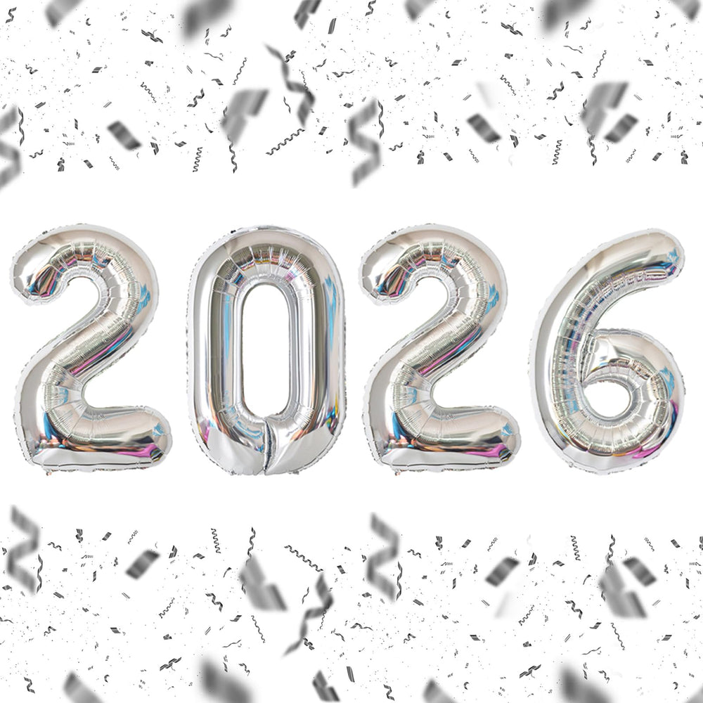 KALOR 2026 silver foil number balloons 32inch for a striking New Year backdrop.