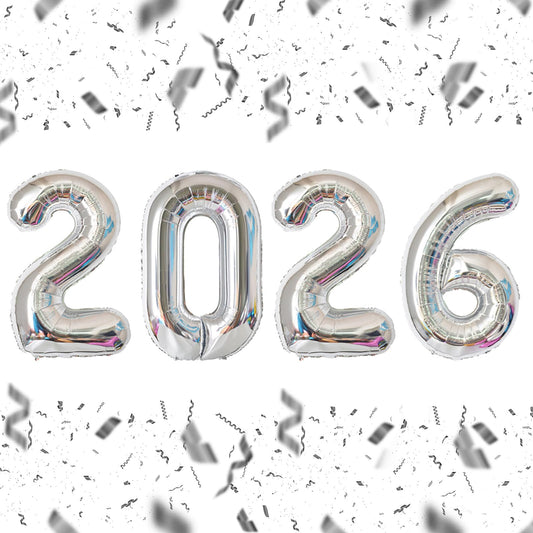 KALOR 2026 silver foil number balloons 32inch for a striking New Year backdrop.