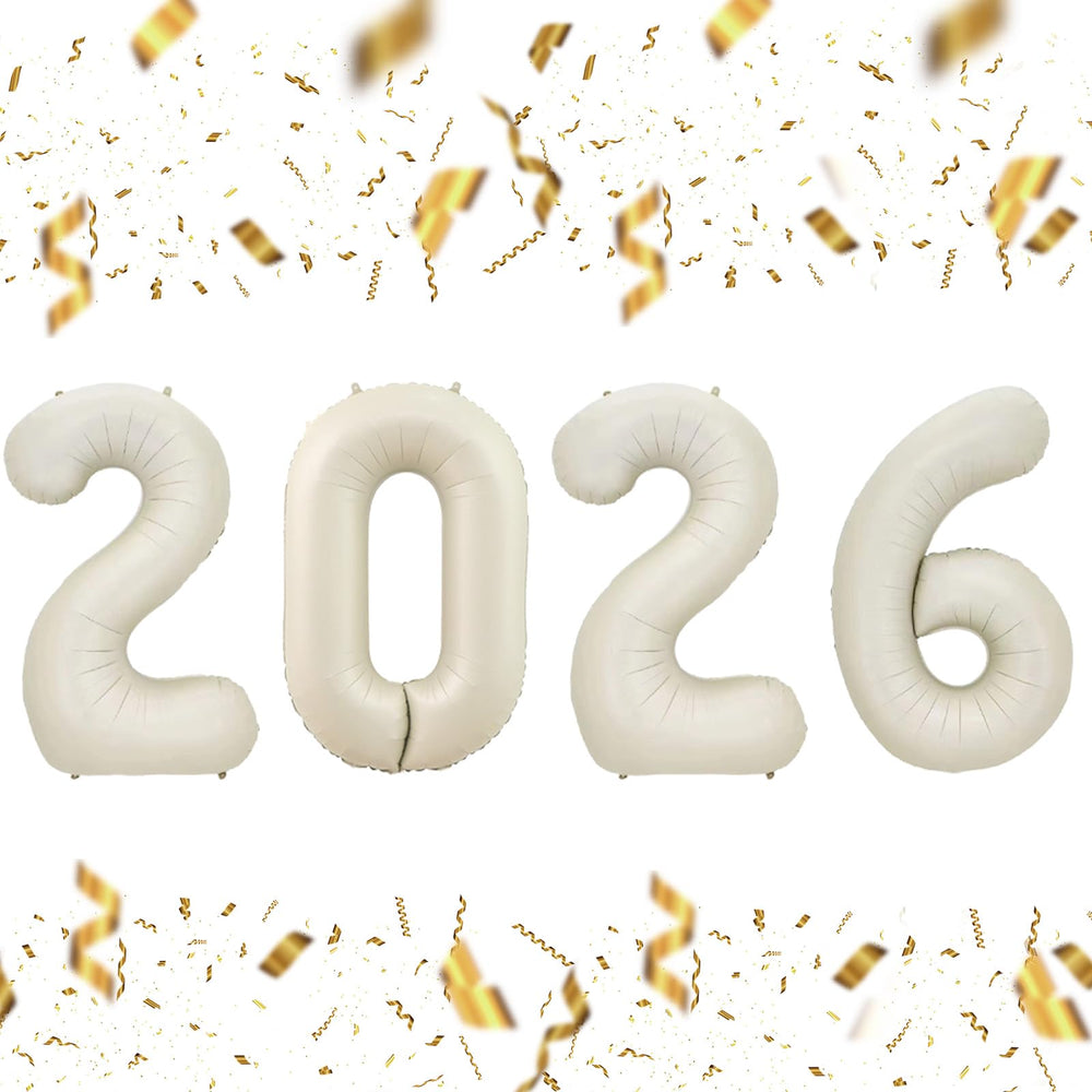 KALOR 32-inch cream white 2026 balloons create a bold New Year backdrop.