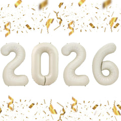 KALOR 32-inch cream white 2026 balloons create a bold New Year backdrop.