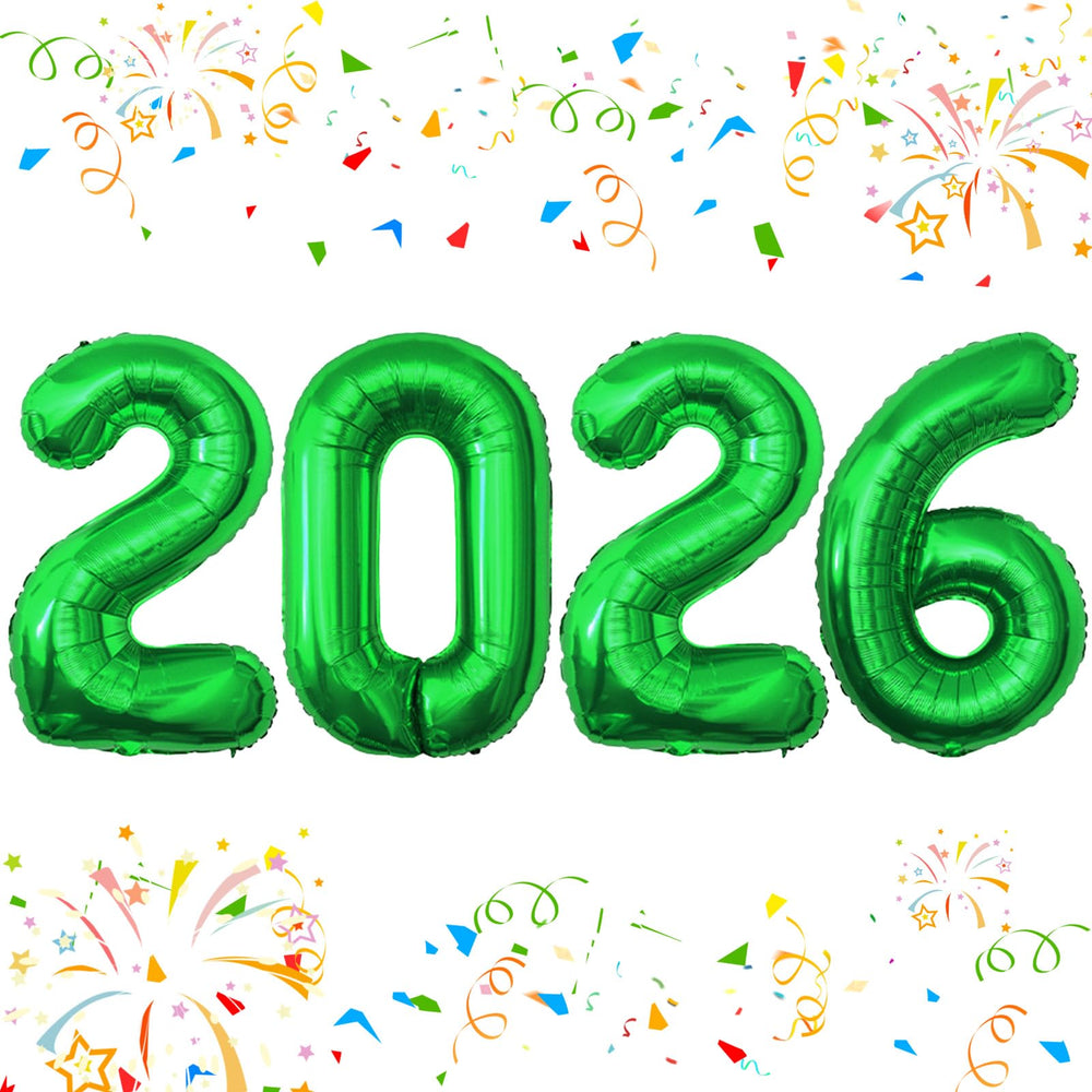 KALOR 42-inch green foil 2026 balloons create a bold New Year backdrop.