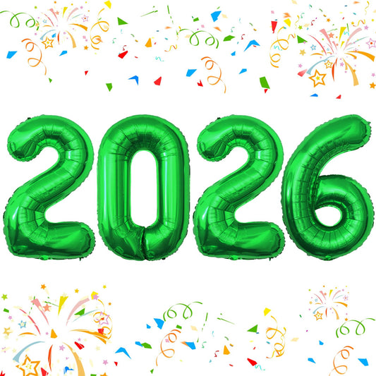 KALOR 42-inch green foil 2026 balloons create a bold New Year backdrop.