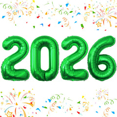 KALOR 42-inch green foil 2026 balloons create a bold New Year backdrop.