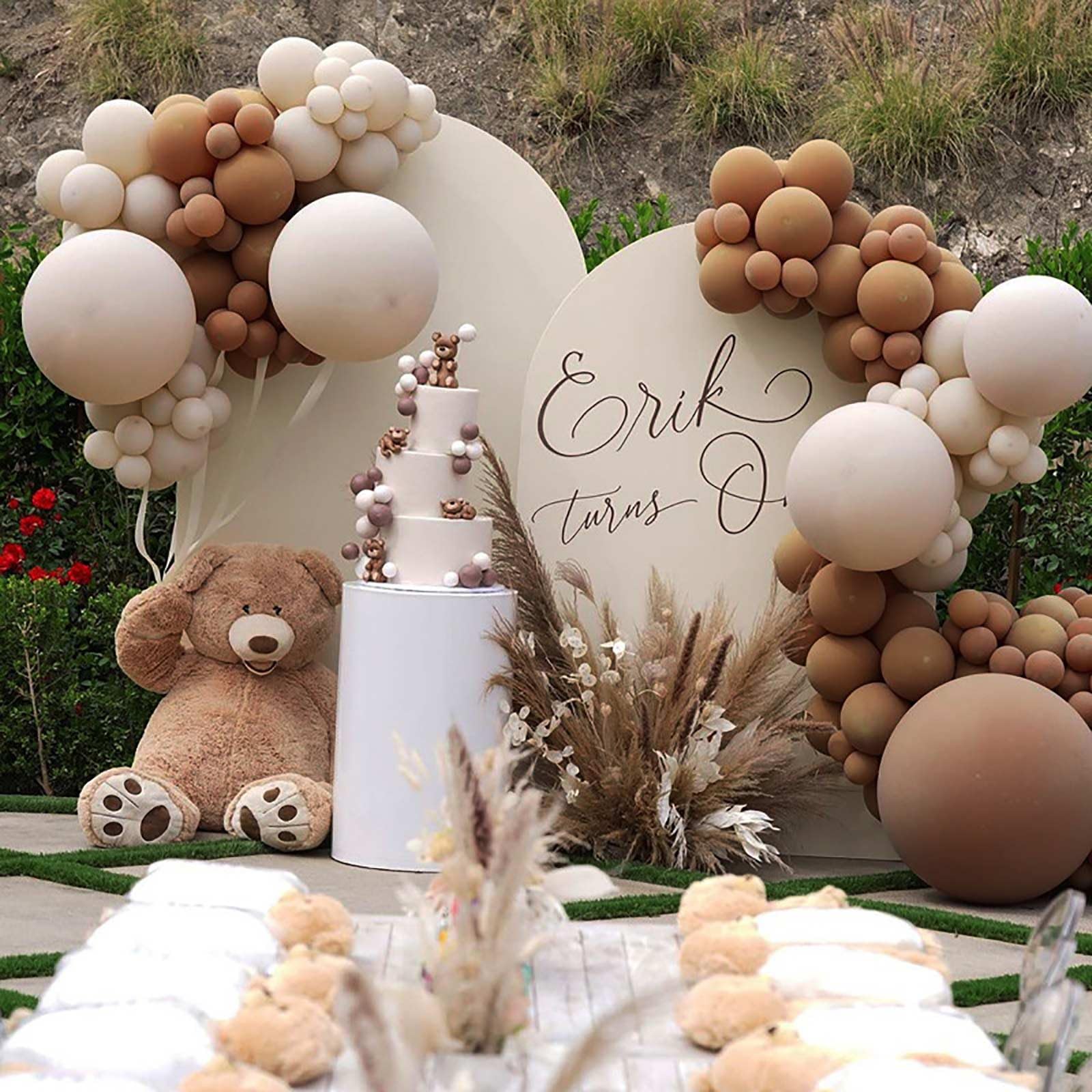 KALOR beige balloons paired with ribbons for weddings and showers