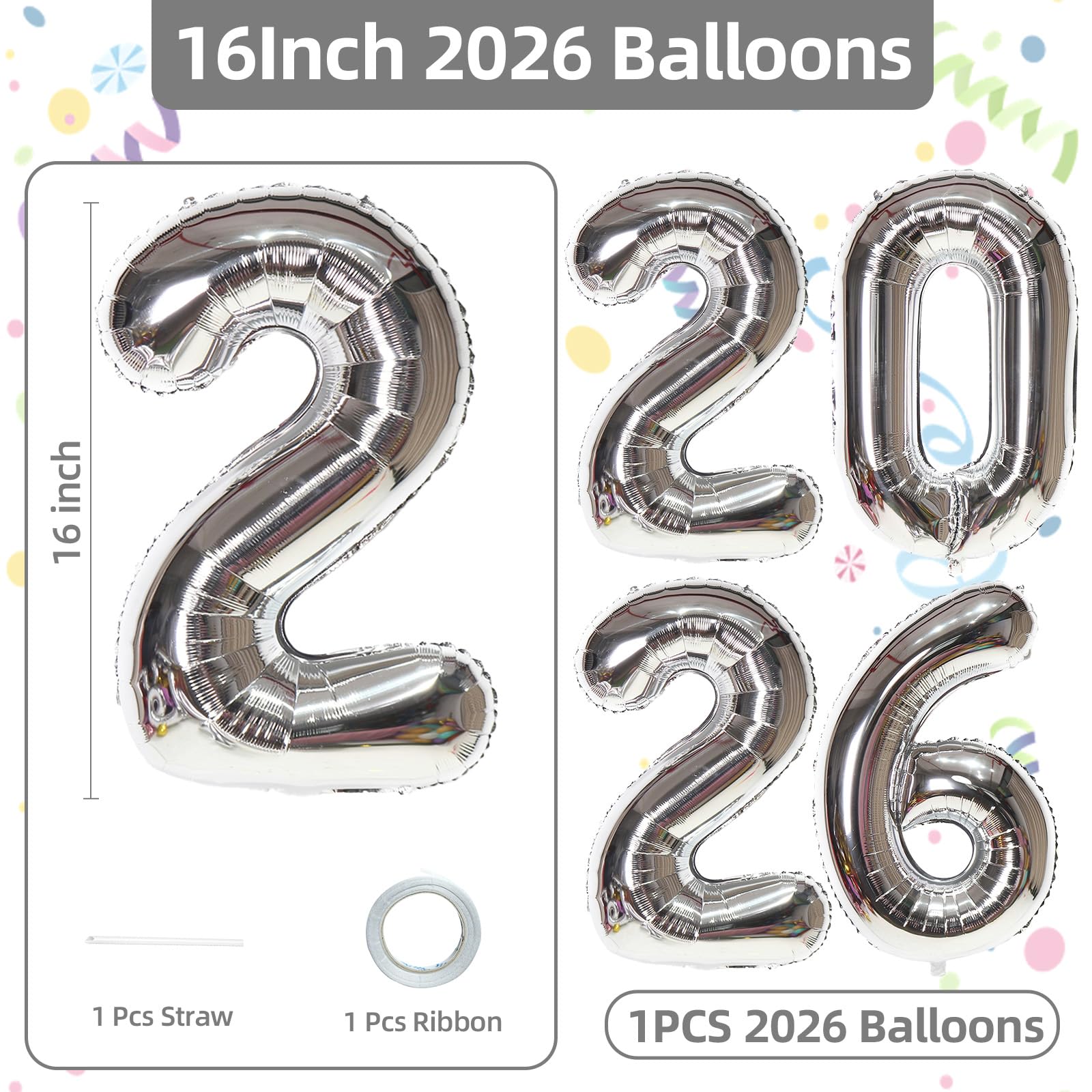KALOR New Year foil balloon set with straw for easy inflation
