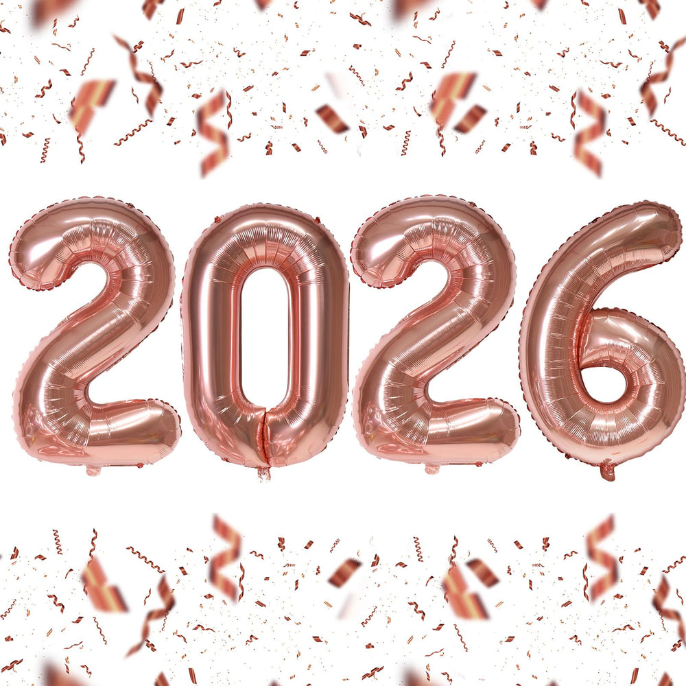 KALOR 2026 rose gold number balloons create a stunning photo backdrop.