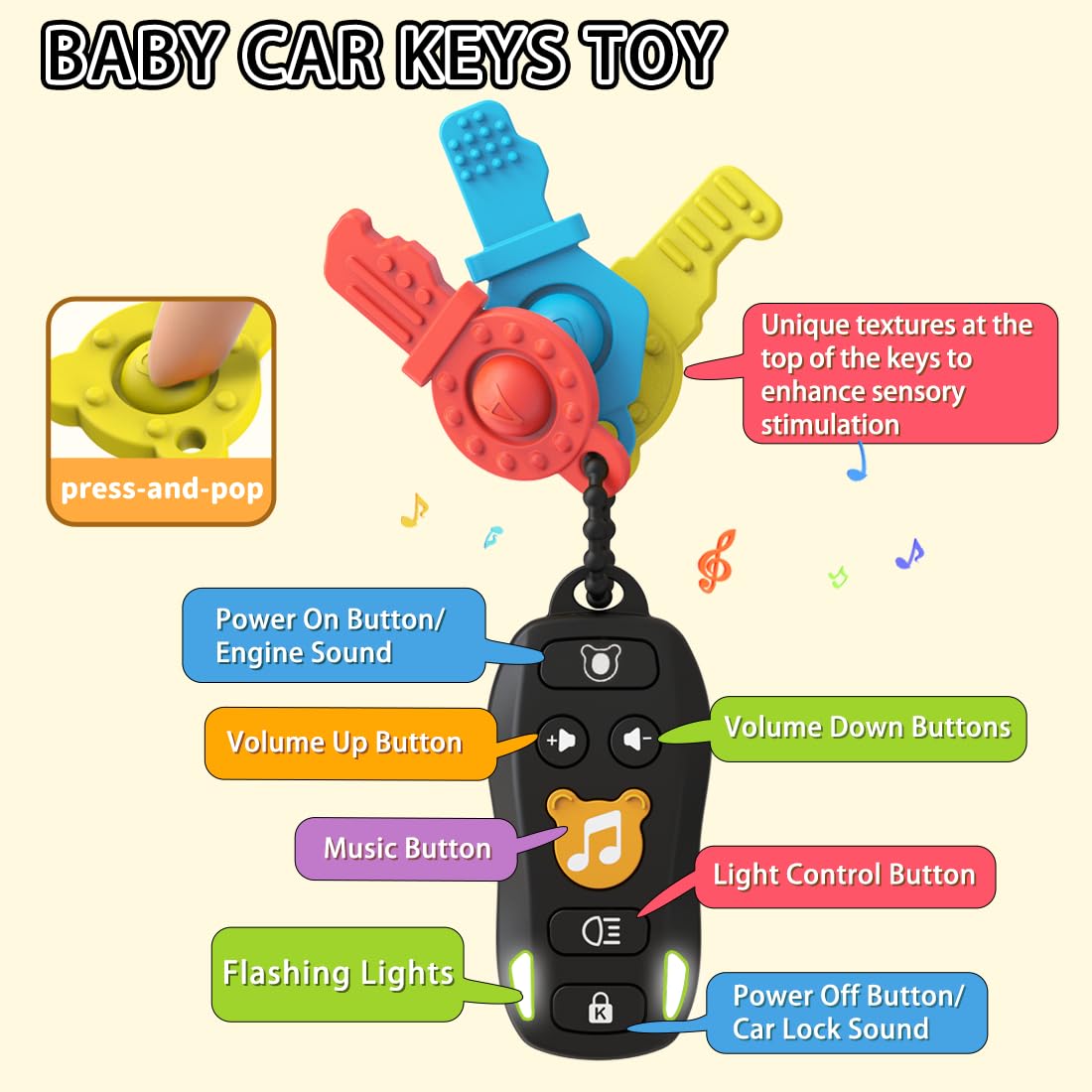 KALUYA colorful keys textures aid tactile stimulation and curiosity.