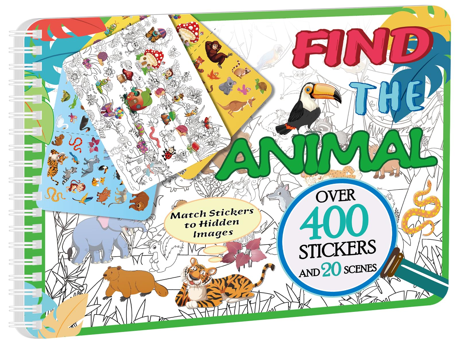 Kalysky Find The Animal Sticker Book scene 1 with animals and numbered stickers for easy searching