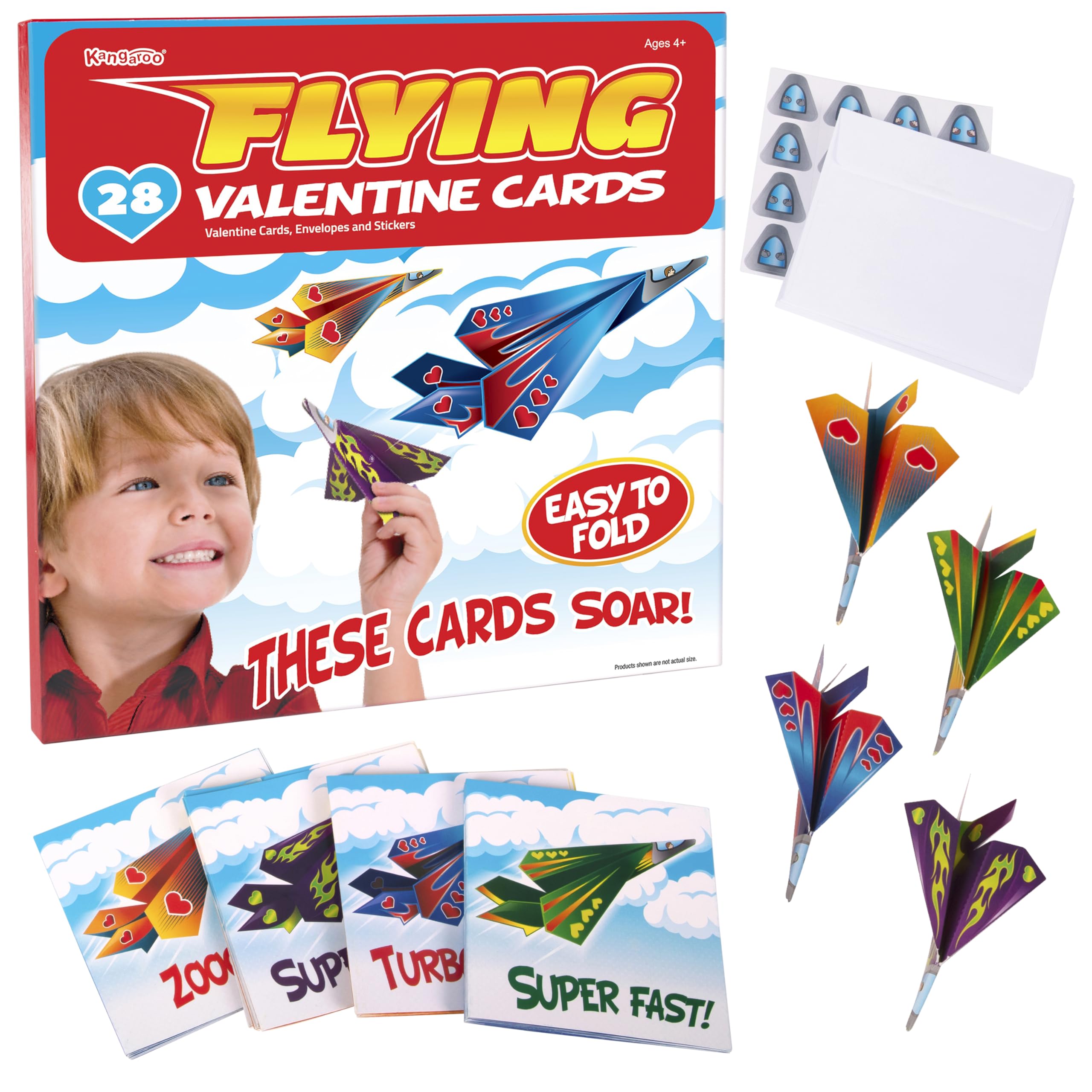 Kangaroo 28-pack flying paper airplane valentines card design A for classroom exchanges.