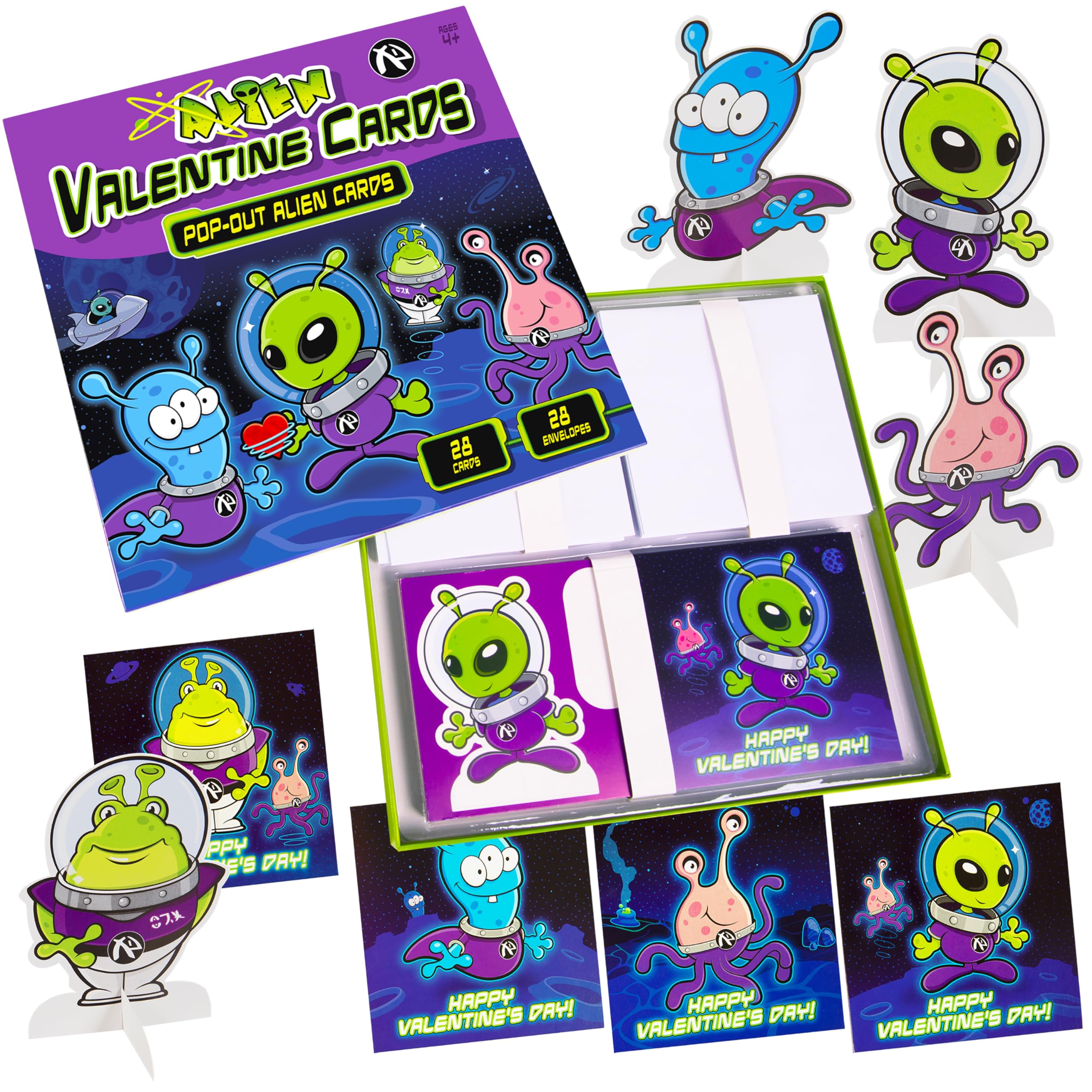 Kangaroo alien pop-out cards in bold space designs for classroom exchanges.