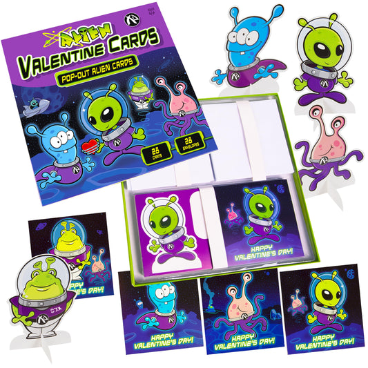 Kangaroo alien pop-out cards in bold space designs for classroom exchanges.
