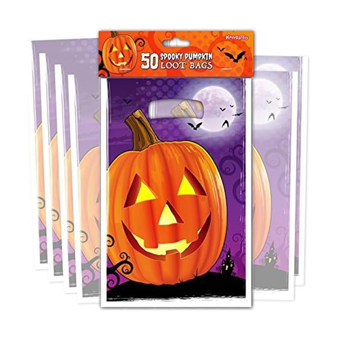 Kangaroo pumpkin-face goodie bag for Halloween treats and party favors.