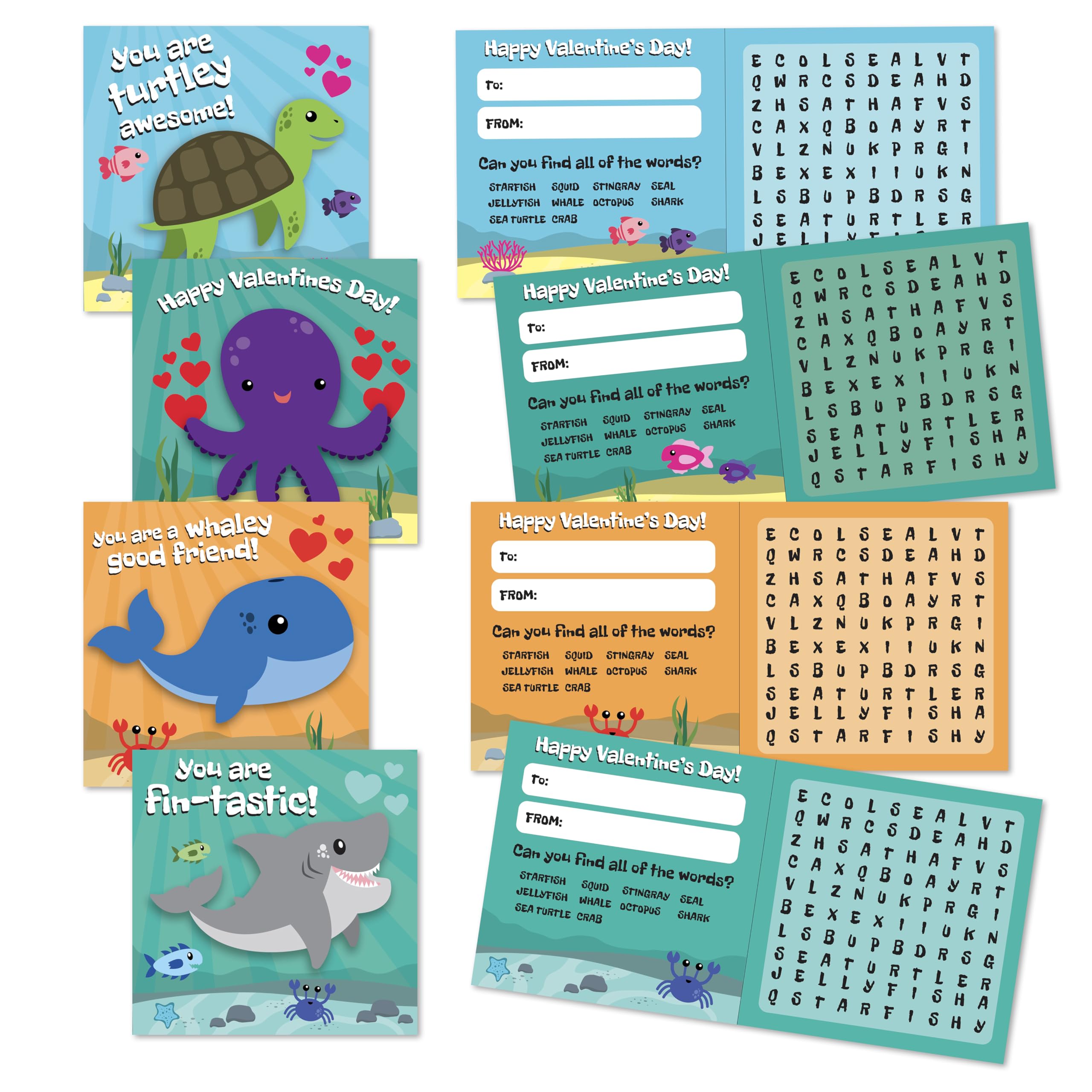 Kangaroo Sea Life Valentines card featuring octopus for kid-friendly word searches and exchanges