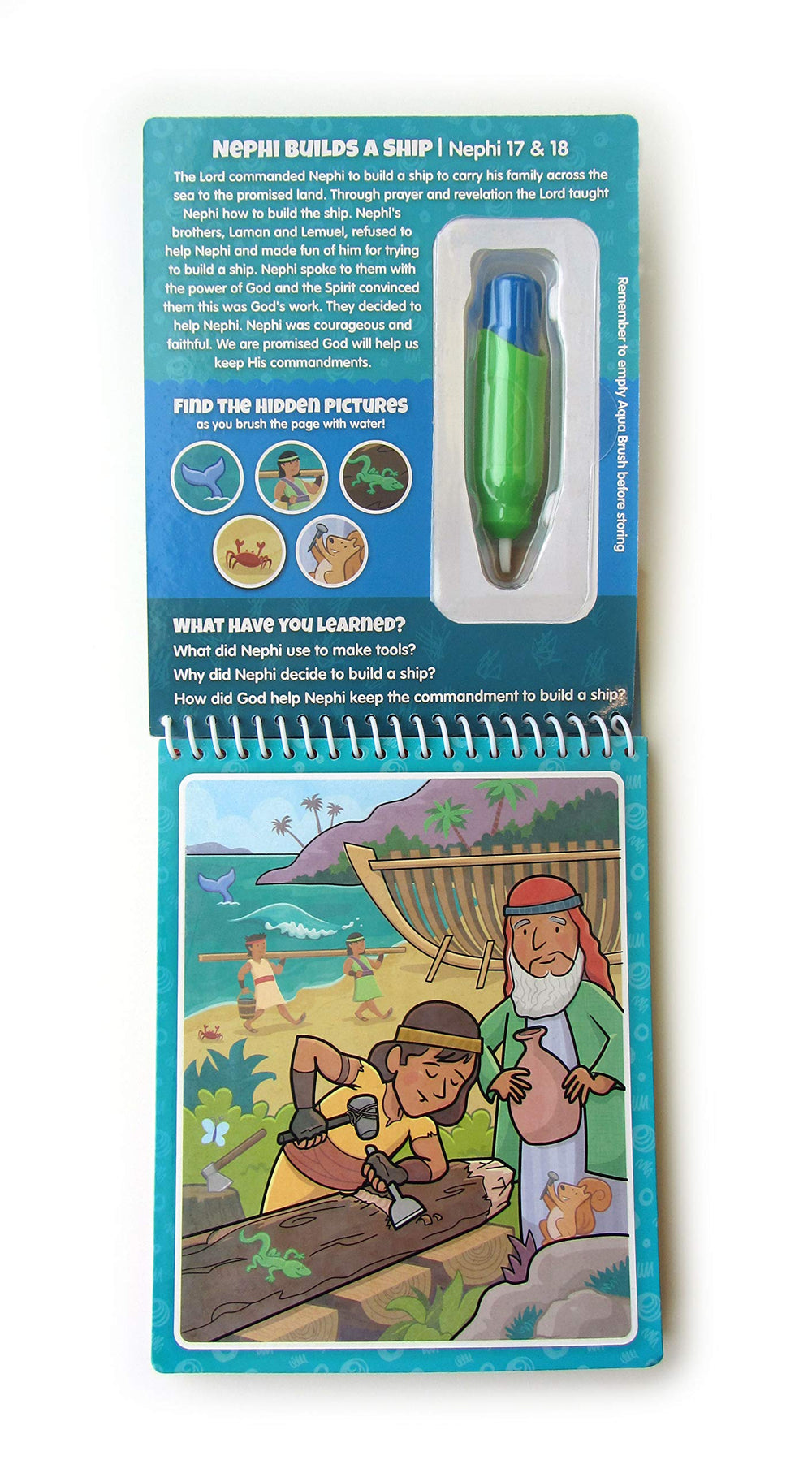 KangaToys Water Reveal Coloring Scripture Book interior spread—water painting for reusable gospel scenes