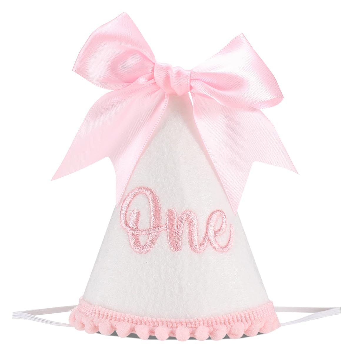 Kaniwati pink bow 1st birthday hat on baby's head, ideal for photos.