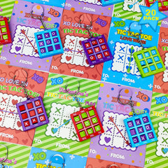 Kannove Tic Tac Toe keychain with Valentine cards attached to backpacks for classroom gifting.