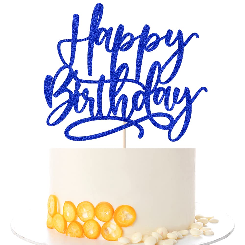 Kaoenla Blue Happy Birthday cake topper, front view with festive sparkle.