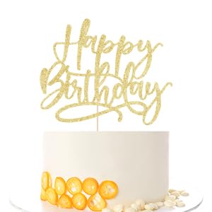 Kaoenla golden Happy Birthday cake topper, front view with glitter shine for festive effect