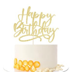 Kaoenla golden Happy Birthday cake topper, front view with glitter shine for festive effect
