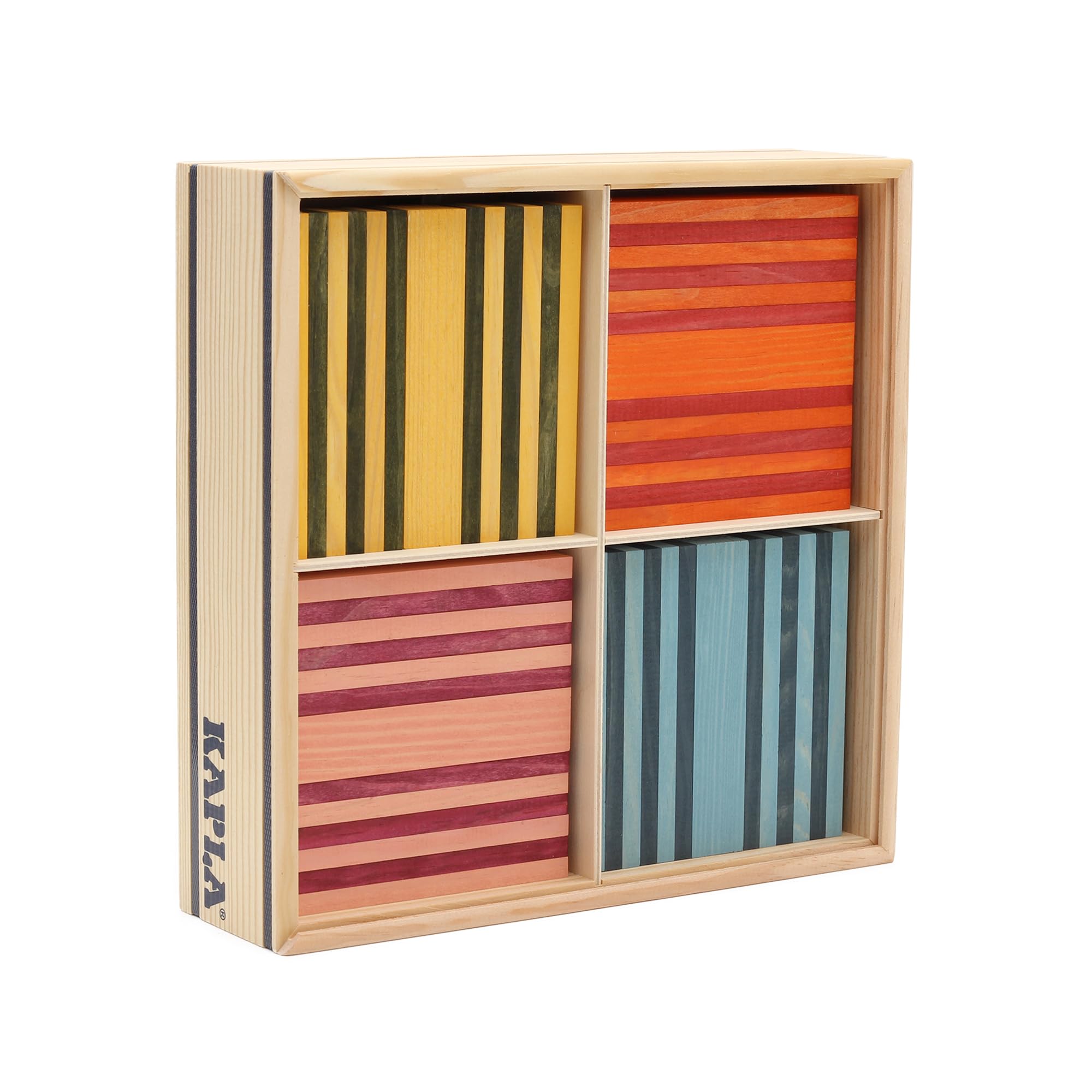 KAPLA 100 Octocolor box open with neatly compartmentalized planks for easy color picking.