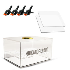 Kardrepair TCG humidor restoration setup with transparent plates for even card flattening.