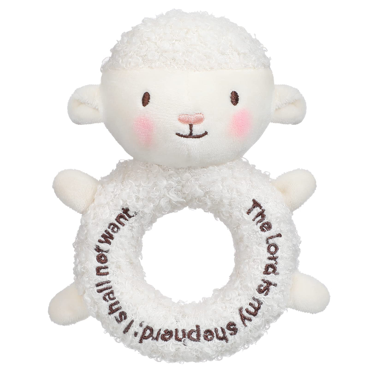 Karenhi lamb plush toy with embroidered eyes, ideal for safe baby cuddles.
