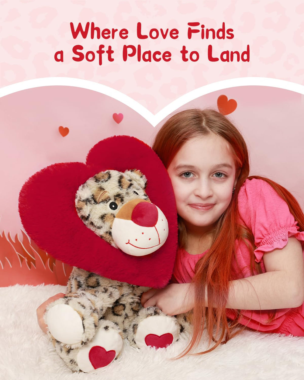 Karister Leopard plush heart hood detail, eye-catching design that sparks smiles.