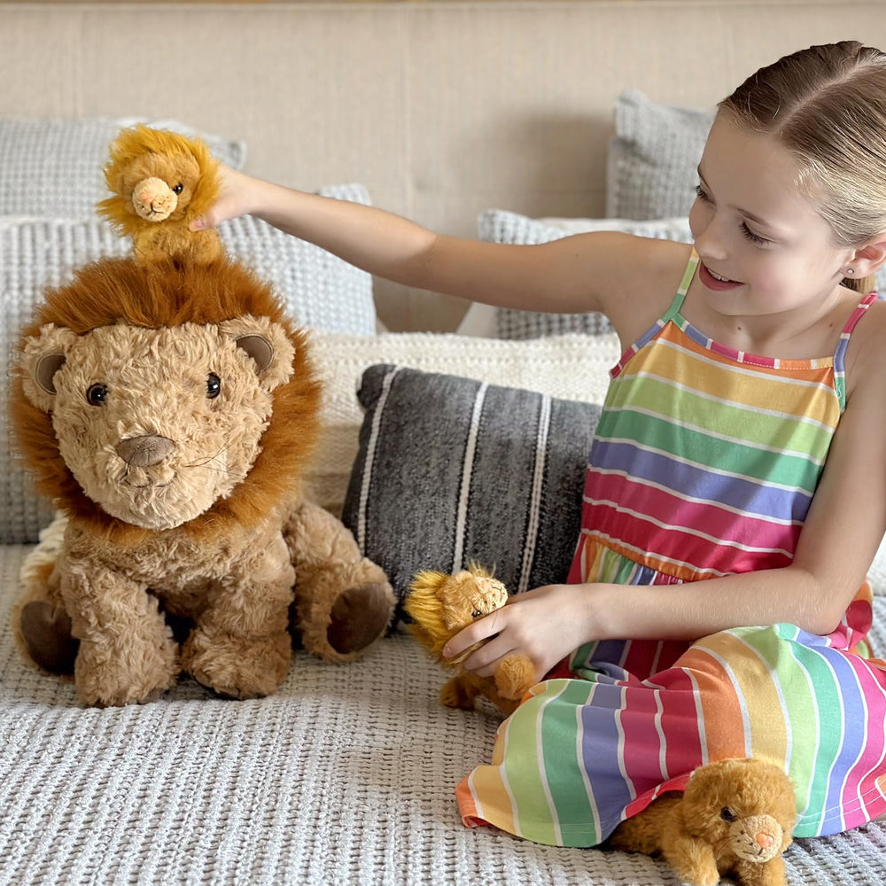 Karister Lion Plush with secret pocket den invites hide-and-seek play.