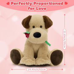 Karister puppy plush with rose detail, perfect cuddle companion.