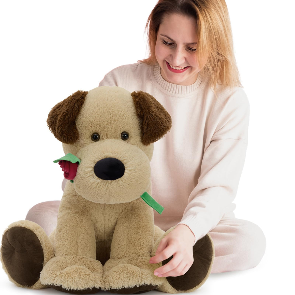 Karister Valentines giant dog plush holding a red rose for a loving gift.