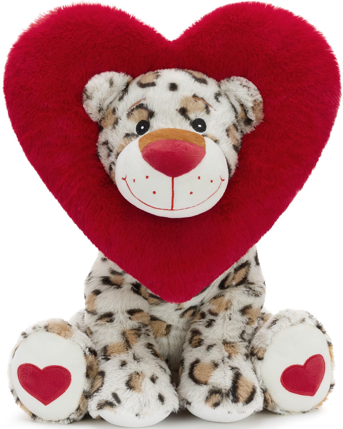 Karister Valentines Leopard Plush with heart hood, ideal for cozy hugs and gifting.