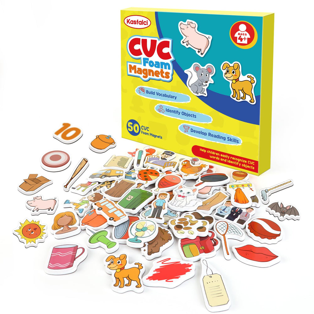 Kasfalci CVC Word Games set with 50 magnetic foam objects for hands on reading